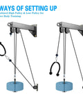 Wall Mount Lat Pulldown System with pulldown bar setup, tricep rope, resistance bands and cable pulleys for back, shoulders, biceps.