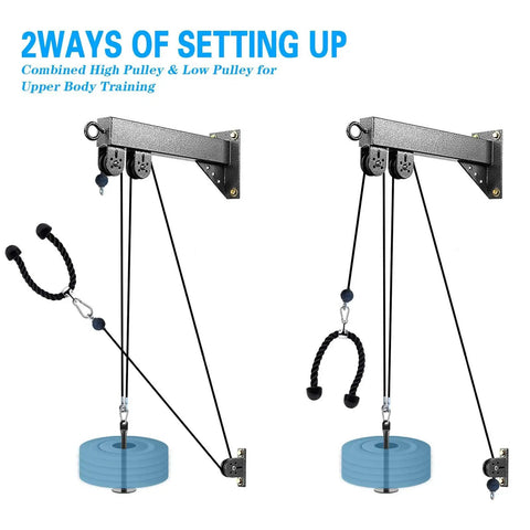 Wall Mount Lat Pulldown System with pulldown bar setup, tricep rope, resistance bands and cable pulleys for back, shoulders, biceps.