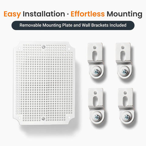 Outdoor WiFi Enclosure And Waterproof Junction Box IP67 with mounting plate and wall brackets displayed.