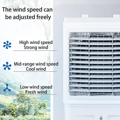 Quiet Portable Air Conditioner Fan With Three Speeds Ultra Low Noise Evaporative Swamp Cooler controls to adjust wind speeds effortlessly.