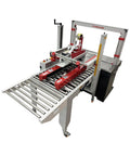 Auto Carton Sealing And Strapping Machine 2-In-1 Industrial Box Packaging Tapper With Polypropylene Strap Winder Adjustable 120-500 Mm Width Fast 400-600 Boxes Hourly Rate For Warehouse Shipping Supplies 110V showing a conveyor design with taping and strapping function.