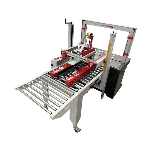 Auto Carton Sealing And Strapping Machine 2-In-1 Industrial Box Packaging Tapper With Polypropylene Strap Winder Adjustable 120-500 Mm Width Fast 400-600 Boxes Hourly Rate For Warehouse Shipping Supplies 110V showing a conveyor design with taping and strapping function.