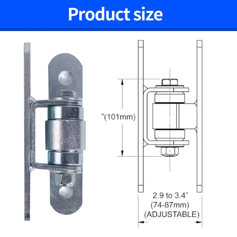 Heavy Duty Gate Hinges 2 Pack Bolt On Sealed Bearing Outdoor Gate Hinges Built Tough For Gates Up To 1250 Lbs Per Pair 7.5 Inch Long 6mm Thick High Carbon Steel Adjustable Yoke Pivot Silver Finish side view with dimensions