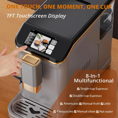 Fully Automatic Espresso Coffee Machine With 20 Bar Pump And 15 Adjustable Grind Settings Featuring A Built In Milk Frother Tft Touchscreen for easy operation.