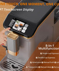 Fully Automatic Espresso Machine With Integrated Conical Burr Grinder And One Touch Milk Frother 15 Grind Settings 20 Bar Pressure Thermoblock System Quick Turnaround Heat Effortless Pulls Big Time Coffee Magic Zero Hassle Home Setup showing TFT touchscreen with various coffee options.