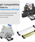 Easy Snap DIN Rail Protective Cover For 35mm Wide Standard Rails, RoHS Certified PA66 Nylon Guard, 50 PCs Set displayed with relays and rails