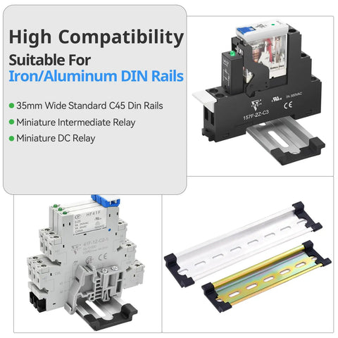 Easy Snap DIN Rail Protective Cover For 35mm Wide Standard Rails, RoHS Certified PA66 Nylon Guard, 50 PCs Set displayed with relays and rails
