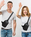 Mini Crossbody Sling Bag For Men And Women, waterproof design, worn by two people in casual outfits, highlighted strap and zippers.