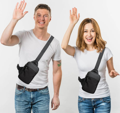 Mini Crossbody Sling Bag For Men And Women, waterproof design, worn by two people in casual outfits, highlighted strap and zippers.