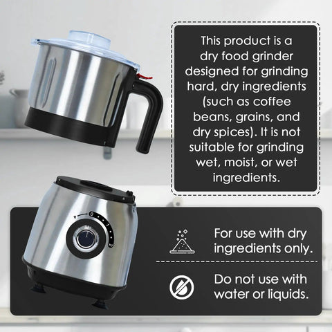 Powerful 500W Spice And Nut Grinder With 3 Stainless Steel Blades, 600ML Capacity, sleek black design for dry use only.