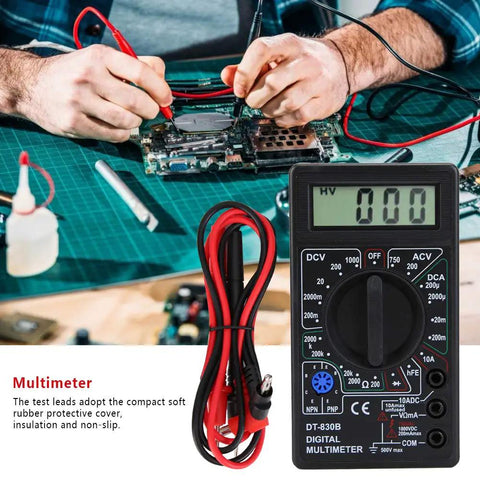 Person using Portable Digital Multimeter with LCD Display for DIYers and Pros in electronic testing setup