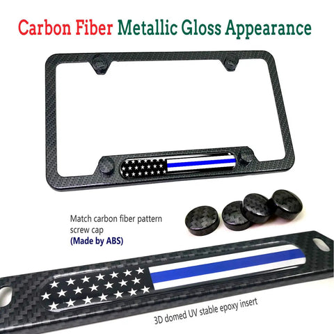 Thin Blue Line License Plate Frame with Carbon Fiber Look, American Flag Design, includes screws and cap covers, 1 pack.