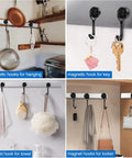 Heavy Duty Fridge Magnet Hooks Hold Like Crazy For Cruise Cabins And Kitchen Organization Six Pack in use for hanging kitchen tools, towels, and keys.