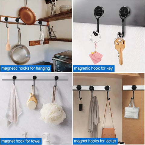 Heavy Duty Fridge Magnet Hooks Hold Like Crazy For Cruise Cabins And Kitchen Organization Six Pack in use for hanging kitchen tools, towels, and keys.