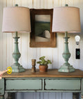 Three Way Dimmable Touch Table Lamps Set Of Two With USB Ports For Quick Phone Charging Ideal For Bedroom Nightstand Or Living Room Rustic Green Finish And Modern Look, displayed on a wooden table