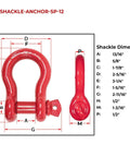 Half Inch Anchor Shackle Forged Carbon Steel With Alloy Screw Pin Load Limit 2.0 Tons (4,000 Lbs), red dimensions diagram