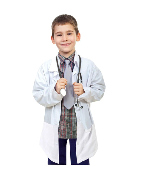 Child wearing Unisex Kids Lab Coat Costume With Soft Touch White Fabric, Realistic 3-Pocket Design, holding stethoscope, Size 12/14.