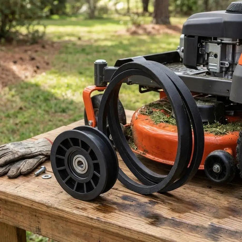Must Have Idler Pulley And Drive Belt Combo Kit For Stens Z254F And CZ3815 Mowers on a workbench, showcasing rubber construction and robust design.