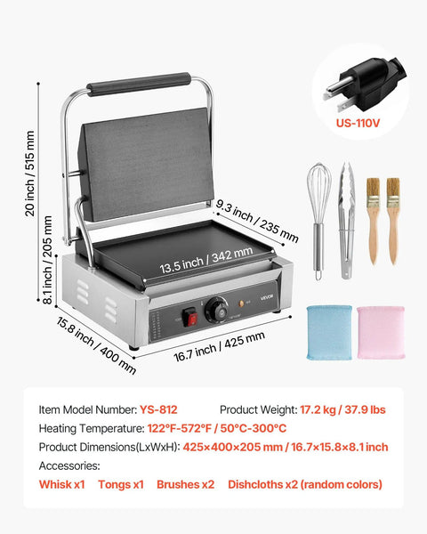 VEVOR Commercial Panini Grill 1800W Electric Sandwich Press with stainless steel, 13.5 x 9.3 inch non-stick grill plates.