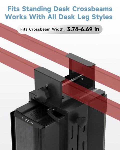 Heavy Duty Under Desk PC Mount Featuring Zero Drill Hassle For Adjustable Standing Workstations, fits 3.74-6.69 in crossbeam width.