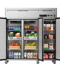 Solid Commercial Upright Freezer And Refrigerator Combo Fifty Four Cubic Feet Dual Zone Stainless Steel with food items organized.
