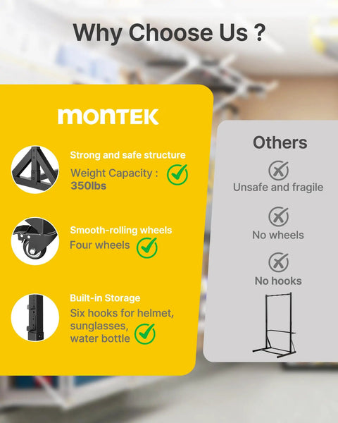 Comparison chart showcasing advantages of Freestanding Bike Storage Rack for Five Bikes With Built Tough Heavy Duty 350 Lbs Vertical Stand Five PVC Coated Bike Hooks And Six Helmet Hooks Indoor Outdoor Bike Organizer With Locking Casters.