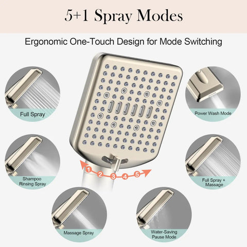 Handheld Filtered Shower Head Brushed Nickel High Pressure Six Modes 120 Anti Clog Silicone Nozzles Detachable Showerhead