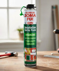 Expandable Polyurethane Spray Foam Insulation For Superior Heat And Sound Control Knock Out Drafts Keep Your Place Tight And Cozy Reliable Gap Filler For Walls Ceilings And Roofs Requires Foam Gun Sold Separately in a can on a workbench.