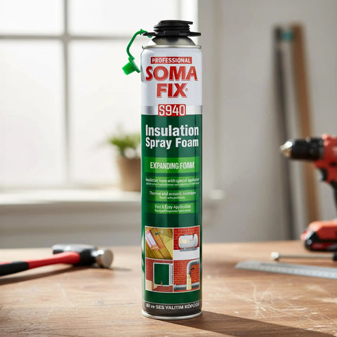 Expandable Polyurethane Spray Foam Insulation For Superior Heat And Sound Control Knock Out Drafts Keep Your Place Tight And Cozy Reliable Gap Filler For Walls Ceilings And Roofs Requires Foam Gun Sold Separately in a can on a workbench.