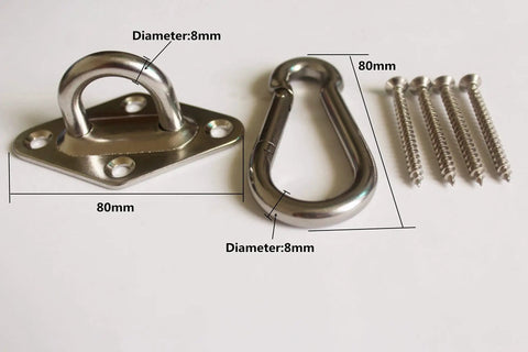 Beefy 1000 Lb Capacity Hammock Hanging Kit components including stainless steel pad, carabiner, and screws for indoor outdoor use.