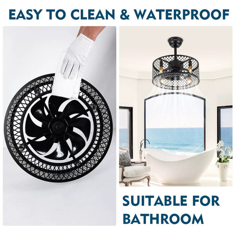 Dope Caged Ceiling Fan With Lights Remote Control, Industrial Enclosed Blades, Reversible Motor, 3 Speeds, 18 Inch Black Fixture For Living Room, Bedroom, Kitchen Island, Dining Room