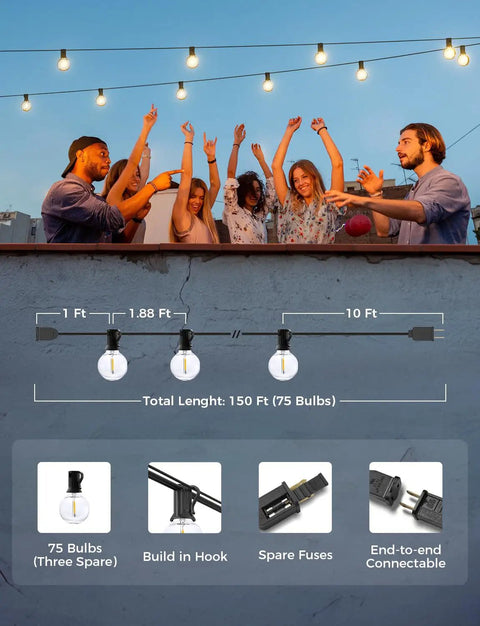 Smart Outdoor String Lights 150Ft G40 Globe Bulbs With 75 LEDs, WiFi App Control, people celebrating under lights on rooftop