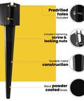 Heavy Duty 24 Inch Fence Post Ground Spike Anchor 4x4 Metal Black Powder Coated For Easy Install No Digging Concrete Not Required Fits 3.5x3.5 Wood Posts Mailbox Post Anchor with predrilled holes and locking nuts