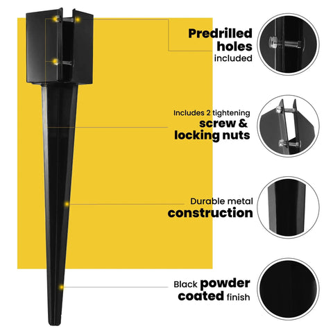 Diagram of Heavy Duty 24 Inch Fence Post Anchor Ground Spike Set For 4x4 Posts Black Powder Coated Easy Install No Digging Or Concrete