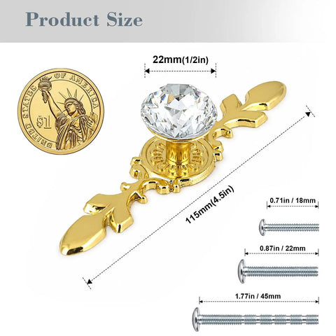 Six Pack Gold Crystal Cabinet Knobs With Ornate Backplates 4.5 Inch Decorative Drawer Knobs, size comparison with coin and screws