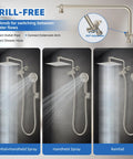 Pro Grade High Pressure 10 Inch Rain Shower Head Combo With Handheld, showing drill-free installation and 3 spray options.