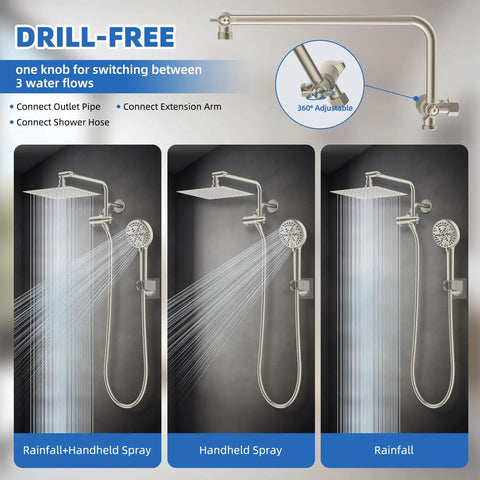 Pro Grade High Pressure 10 Inch Rain Shower Head Combo With Handheld, showing drill-free installation and 3 spray options.