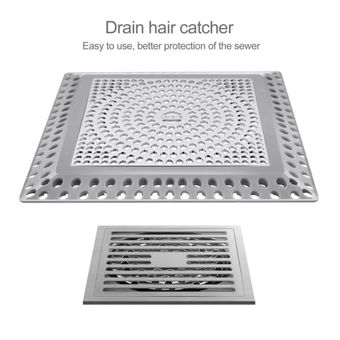 Shower Drain Hair Catcher And Strainer Cover with elliptical holes, stainless steel and silicone, No Fuss Filter Trap, top and side view