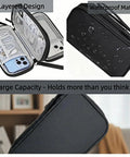 Waterproof Double Layer Travel Cord Organizer Pouch for electronics, black, with zips and multiple pockets for cables and gadgets