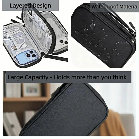 Waterproof Double Layer Travel Cord Organizer Pouch for electronics, black, with zips and multiple pockets for cables and gadgets
