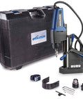 Evolution EVOMAG42 magnetic drilling system with drill on stand, blue and black body, and hard carrying case