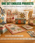 Quilting projects on a table with Slim 12 Inch Pocket Quilting Ruler In Clear Acrylic alongside fabric and sewing tools.
