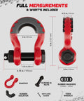 Three Quarter Inch D Ring Shackle Two Pack With Forty Five Thousand Pound Break Strength Built Tough Seven Eighth Inch Pin Anti Theft Screws Isolator And Washer Kit For Tow Straps Winch Truck And Vehicle Recovery Red measurements and components
