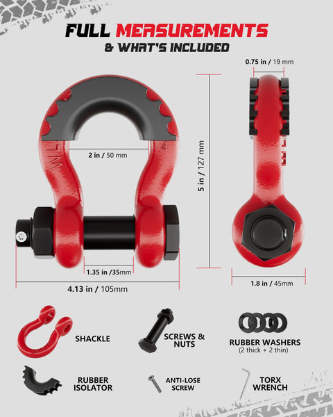 Three Quarter Inch D Ring Shackle Two Pack With Forty Five Thousand Pound Break Strength Built Tough Seven Eighth Inch Pin Anti Theft Screws Isolator And Washer Kit For Tow Straps Winch Truck And Vehicle Recovery Red measurements and components