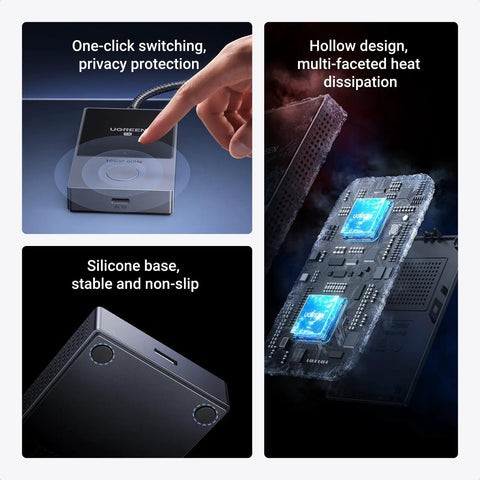 Wireless USB C Transmitter And HDMI Receiver showing features like privacy, heat dissipation, and non-slip silicone base.