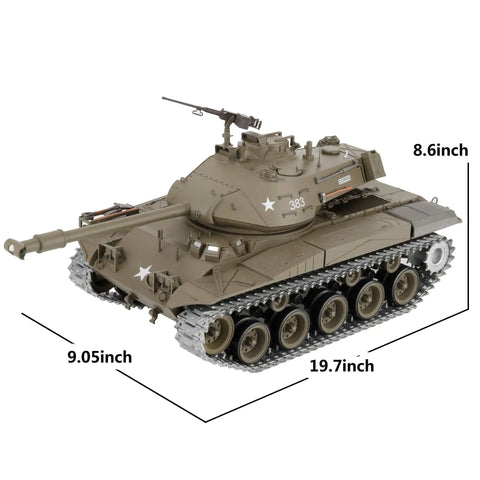 One Sixteenth Scale US M41A3 Walker Bulldog RC Tank With 2.4GHz Radio Control shown with dimensions, 360 Degree Turret visible