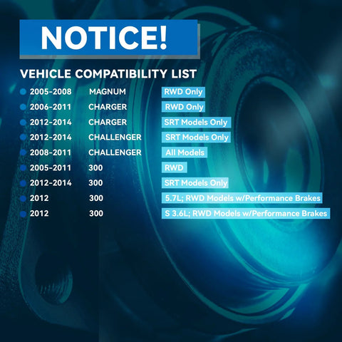 Compatibility list for Beefy Pair Front Wheel Bearing Hubs Assembly For Dodge Challenger Charger Magnum And Chrysler 300 2005-2014 RWD SRT