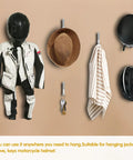 Four Pack Motorcycle Helmet Holder Hook Wall Mount Rack With Mounting Screws And Expansion Anchors Aluminum Alloy Construction Waterproof And Rustproof Keeps Helmets Jackets And Gear Organized And Easy To Access displayed with hanging items.