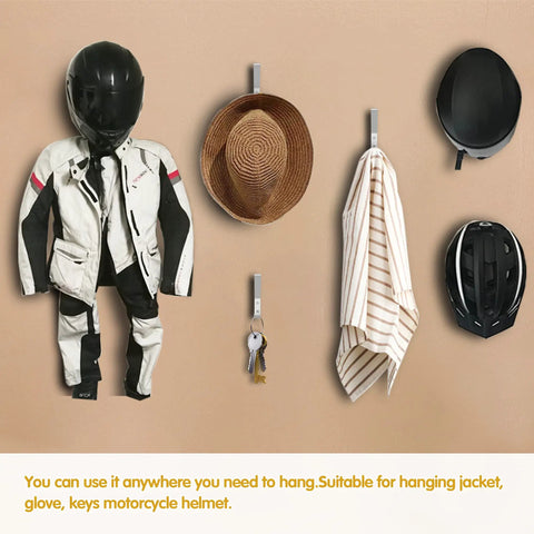 Four Pack Motorcycle Helmet Holder Hook Wall Mount Rack With Mounting Screws And Expansion Anchors Aluminum Alloy Construction Waterproof And Rustproof Keeps Helmets Jackets And Gear Organized And Easy To Access displayed with hanging items.