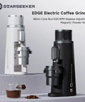 Premium Electric Coffee Grinder With 48MM Conical Burrs in white and black, featuring stepless adjustments and powder nozzle.